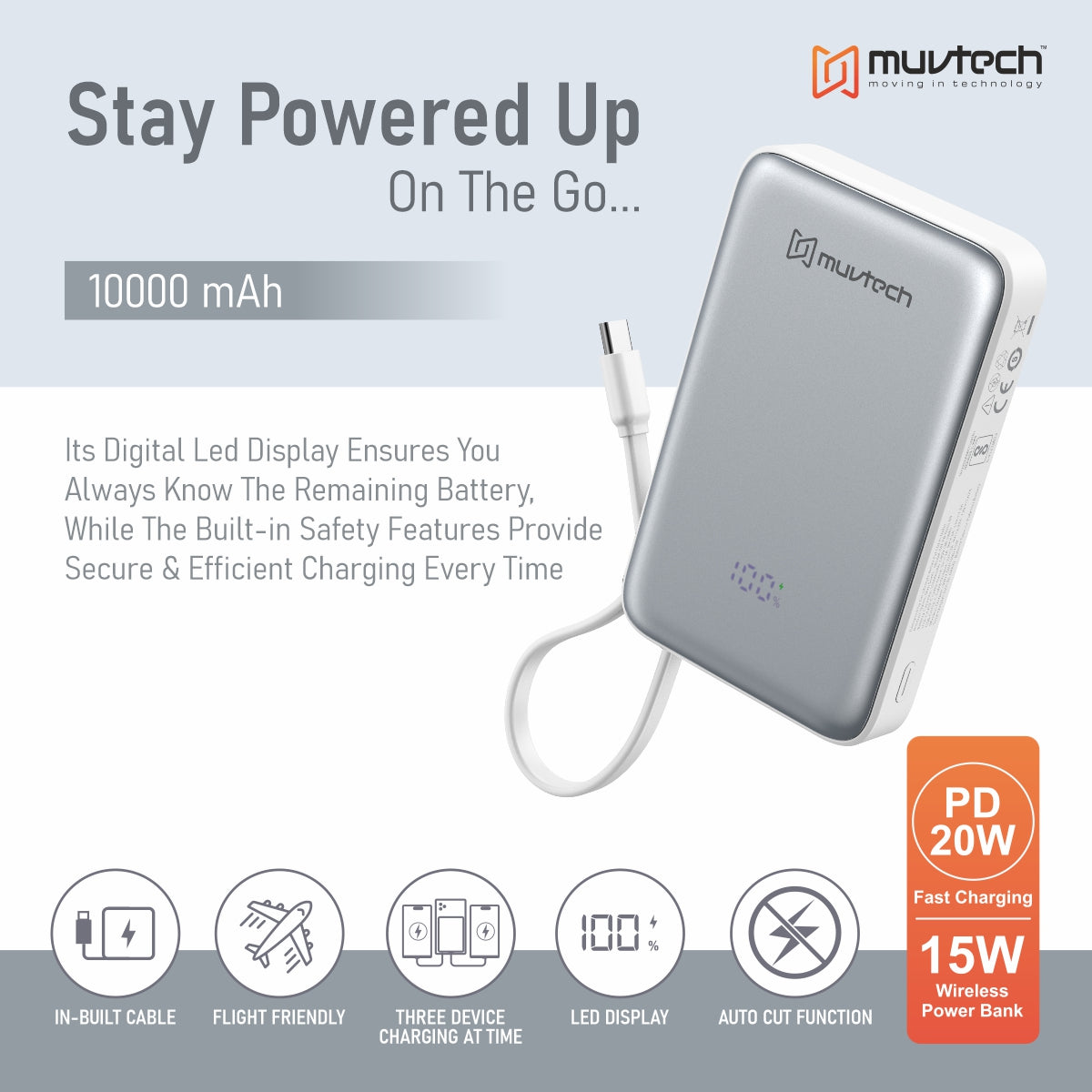 Muvtech Slimsonic 10000mAh MagSafe Power Bank | Ultra-Slim Fast Charging Portable Charger with Wireless + Wired Output | USB/Type-C, LED Display, Dual Charging | Safe & Travel-Friendly for iPhone & Android