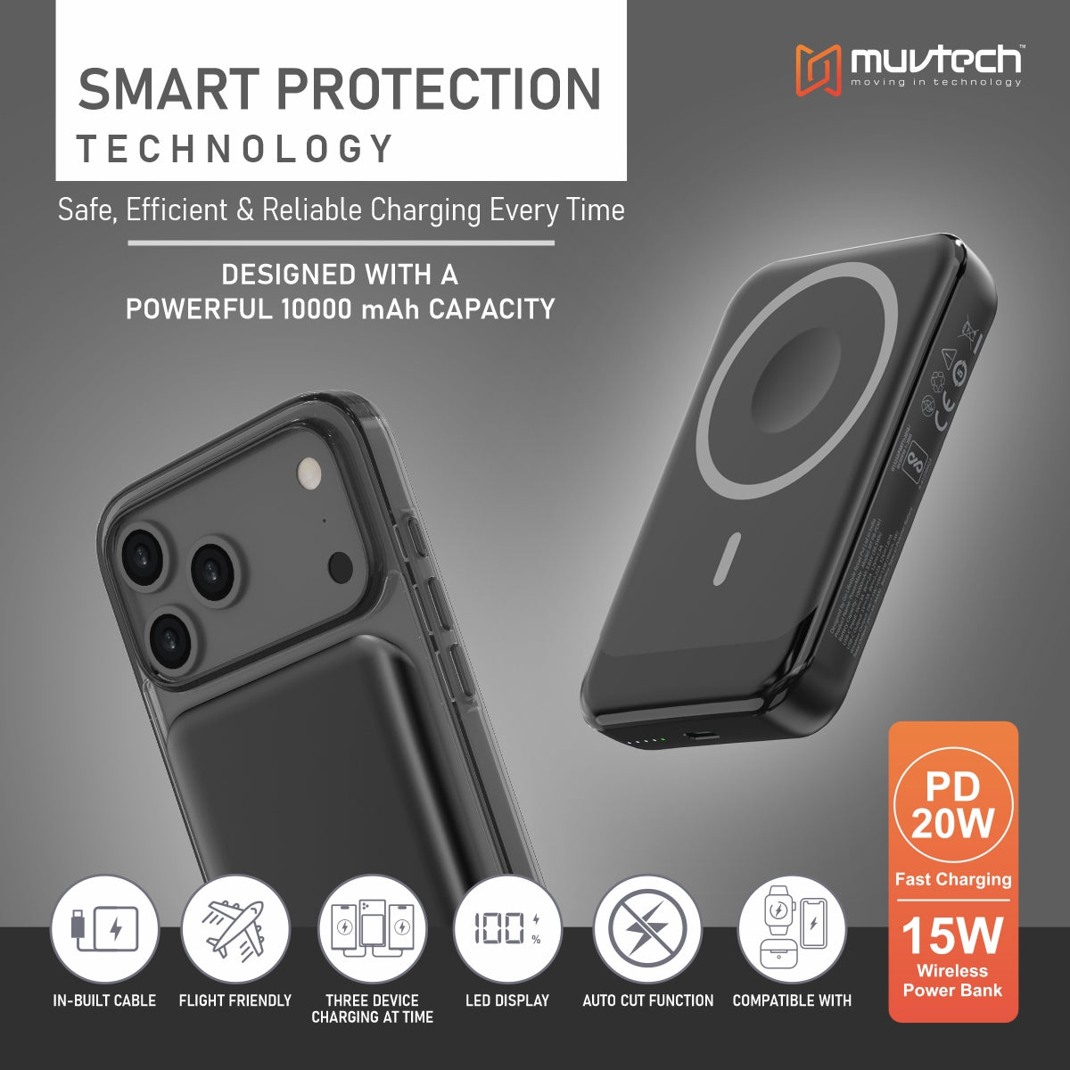 Muvtech Power Mate 10000mAh MagSafe Power Bank | Magnetic Wireless Portable Charger for iPhone & Qi Devices | Dual Charging (Wireless + Wired) | Slim & Lightweight with Smart Protection