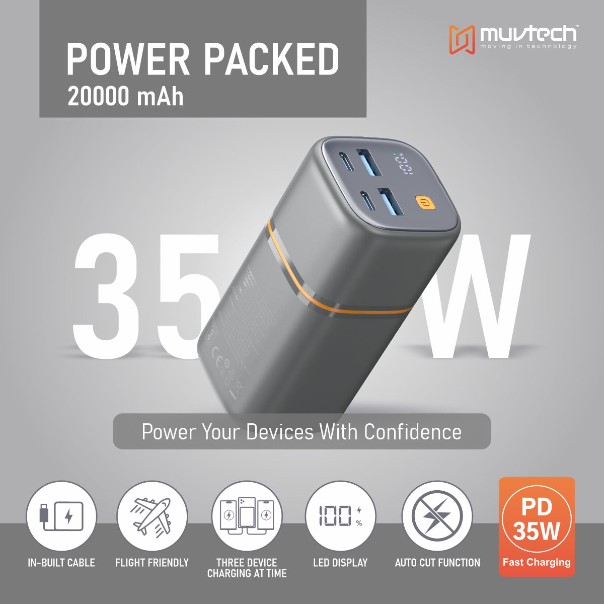 Muvtech TitanX 20000mAh Power Bank | PD & QC Fast Charging | Dual Type-C + Dual USB-A Outputs (4 Devices at Once) | LED Display | Compact Tower Design | Safe & Reliable for Smartphones, Tablets & More