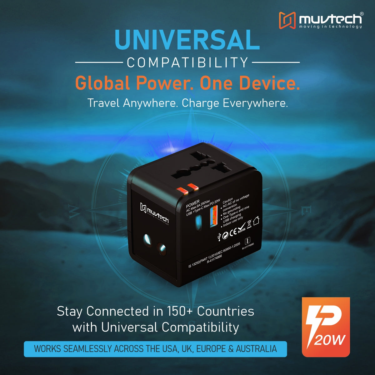 World Travel Adapter, Universal World Charger with Fast Charging & Multiple Plug Options.