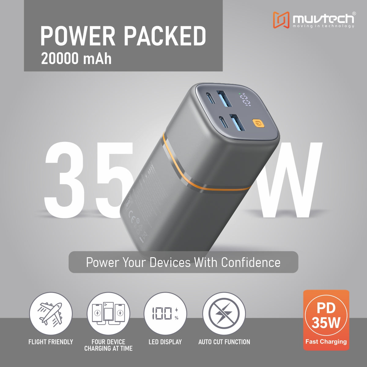 TitanX 20000mAh Power Bank | PD & QC Fast Charging | Dual Type-C + Dual USB-A Outputs (4 Devices at Once) | LED Display | Compact Tower Design | Safe & Reliable for Smartphones, Tablets & More