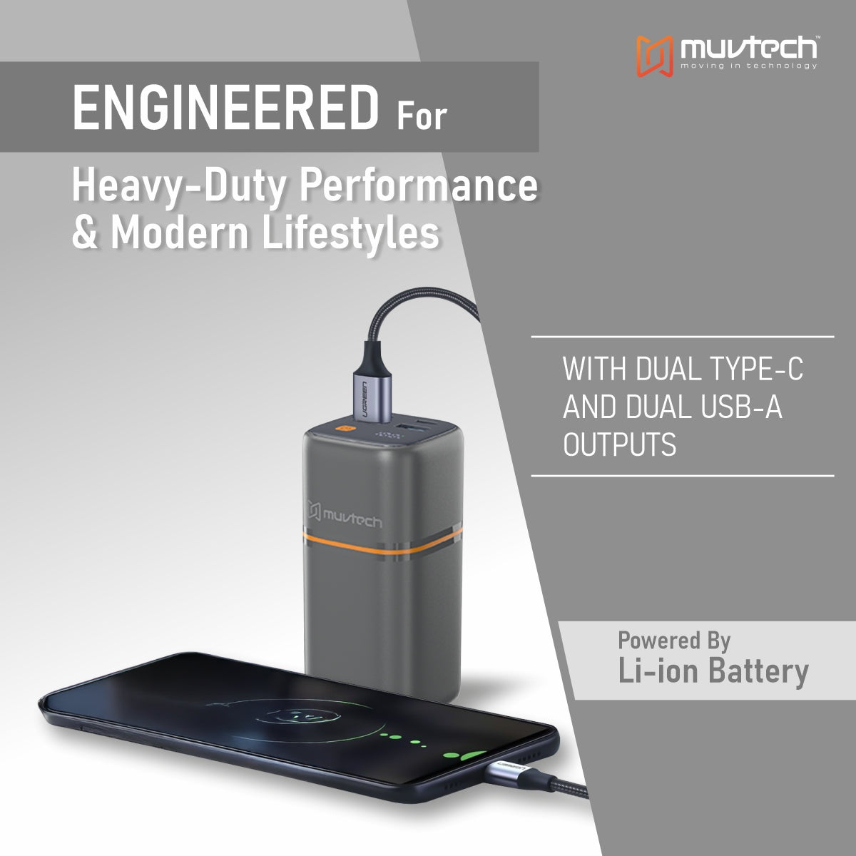 Muvtech TitanX 20000mAh Power Bank | PD & QC Fast Charging | Dual Type-C + Dual USB-A Outputs (4 Devices at Once) | LED Display | Compact Tower Design | Safe & Reliable for Smartphones, Tablets & More