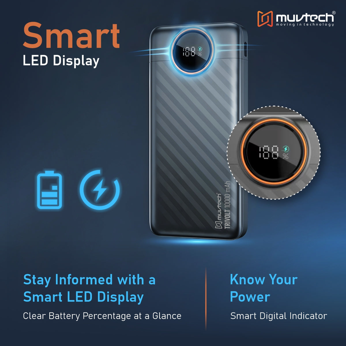 Muvtech TriVolt 10000mAh Power Bank With built-in Cables.