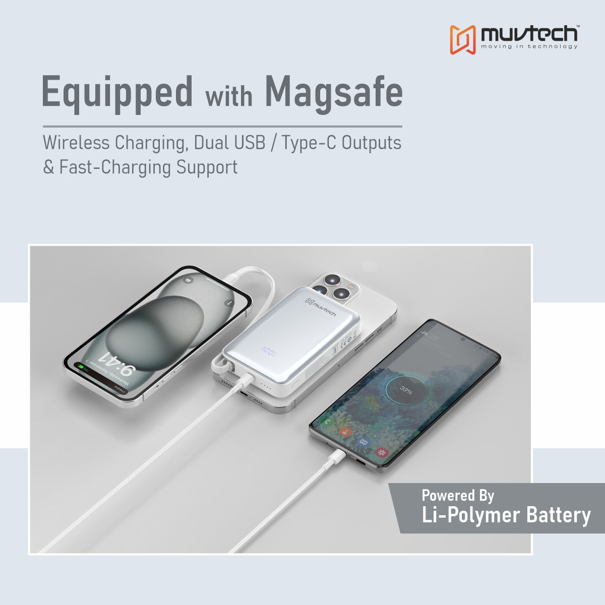 Muvtech Slimsonic 10000mAh MagSafe Power Bank | Ultra-Slim Fast Charging Portable Charger with Wireless + Wired Output | USB/Type-C, LED Display, Dual Charging | Safe & Travel-Friendly for iPhone & Android