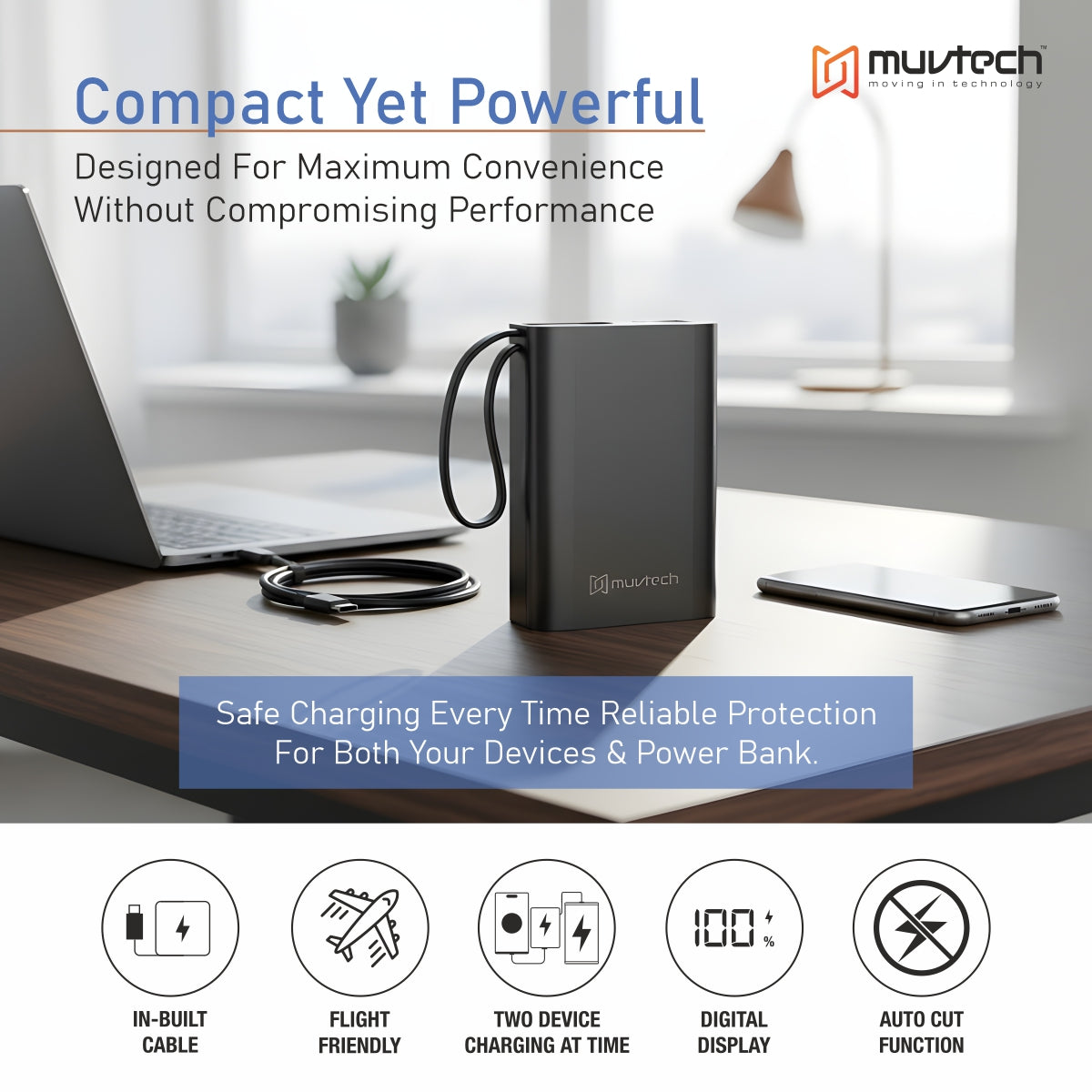 Nano Tank 20000mAh Power Bank with 22.5W Fast Charging, Dual Built-in Cables, Multiple USB Ports, Digital Display, Heavy-Duty High-Capacity Portable Charger