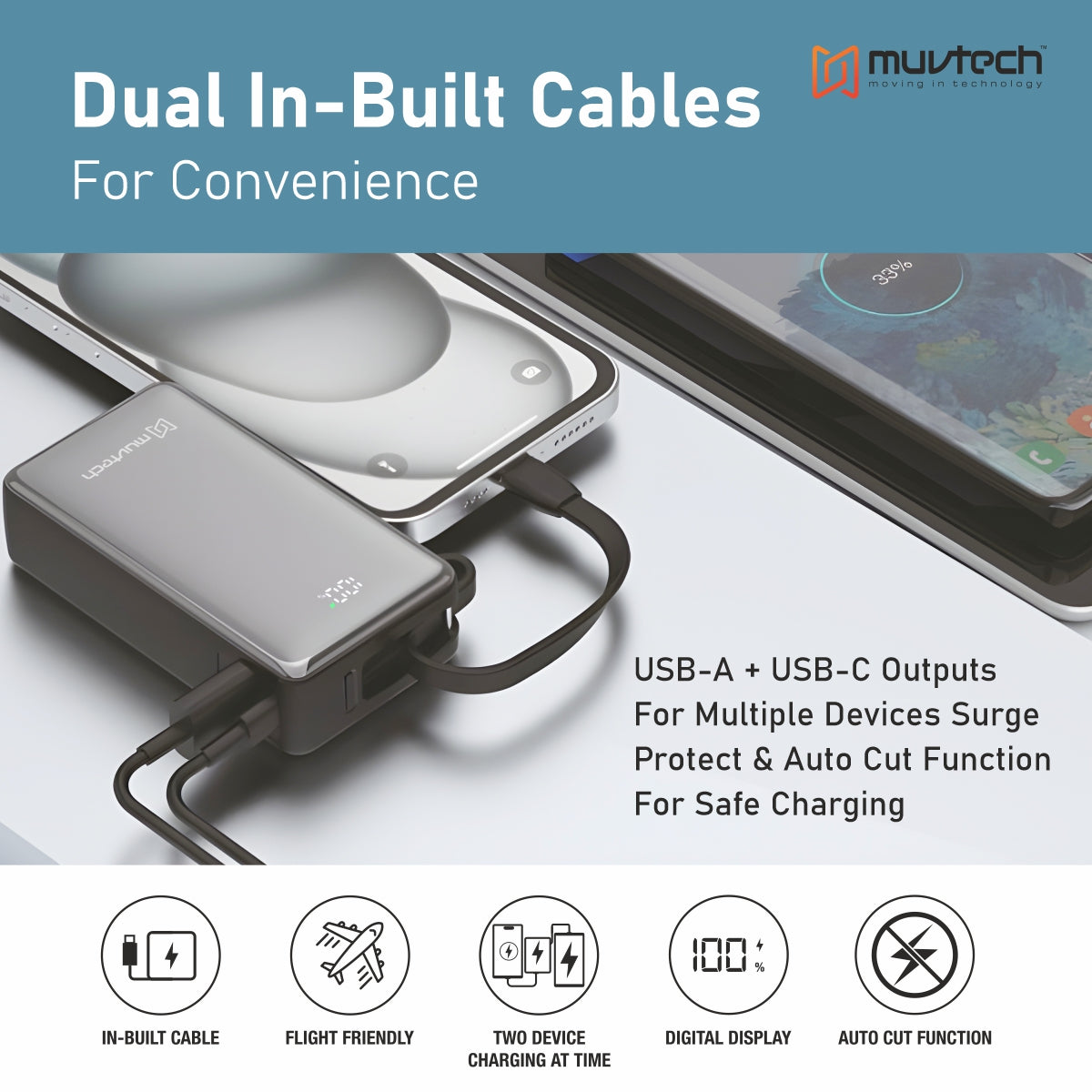 Mini Mate 10000mAh Power Bank with 22.5W Fast Charging, Dual In-Built Cables, USB-A & USB-C Output, Digital Display, Slim & Lightweight Portable Charger- Black