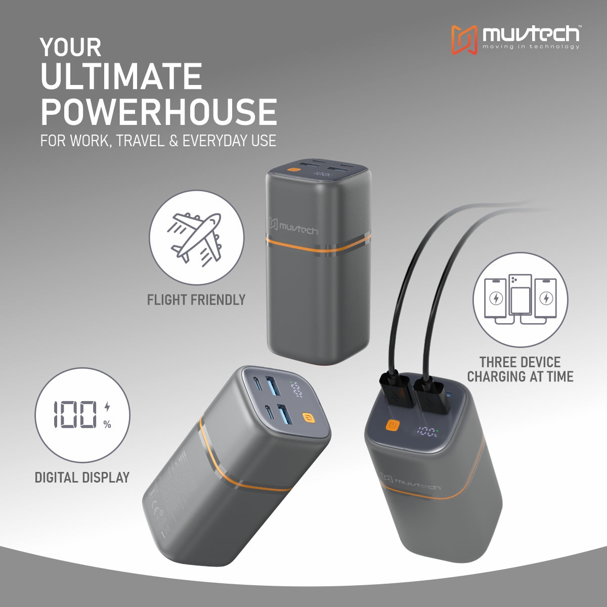 Muvtech TitanX 20000mAh Power Bank | PD & QC Fast Charging | Dual Type-C + Dual USB-A Outputs (4 Devices at Once) | LED Display | Compact Tower Design | Safe & Reliable for Smartphones, Tablets & More