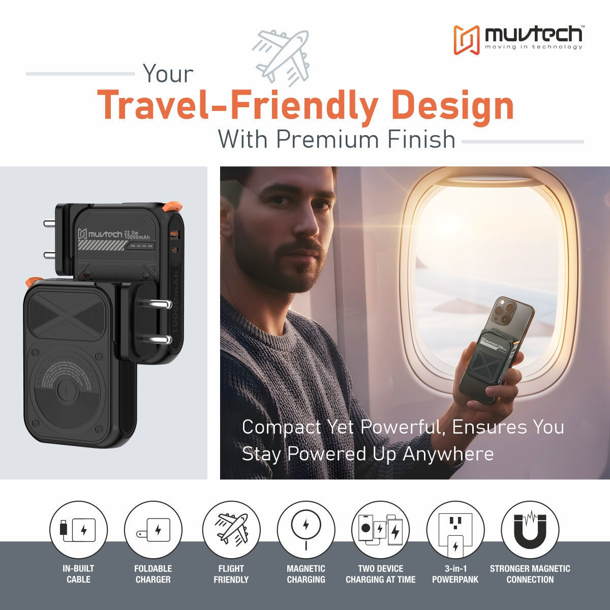 Travel Mate 10000mAh Power Bank with Built-in Wall Plug, 15W Wireless Charging, Dual USB Ports (USB-A + USB-C), Surge Protection, Fast Charging Portable Charger