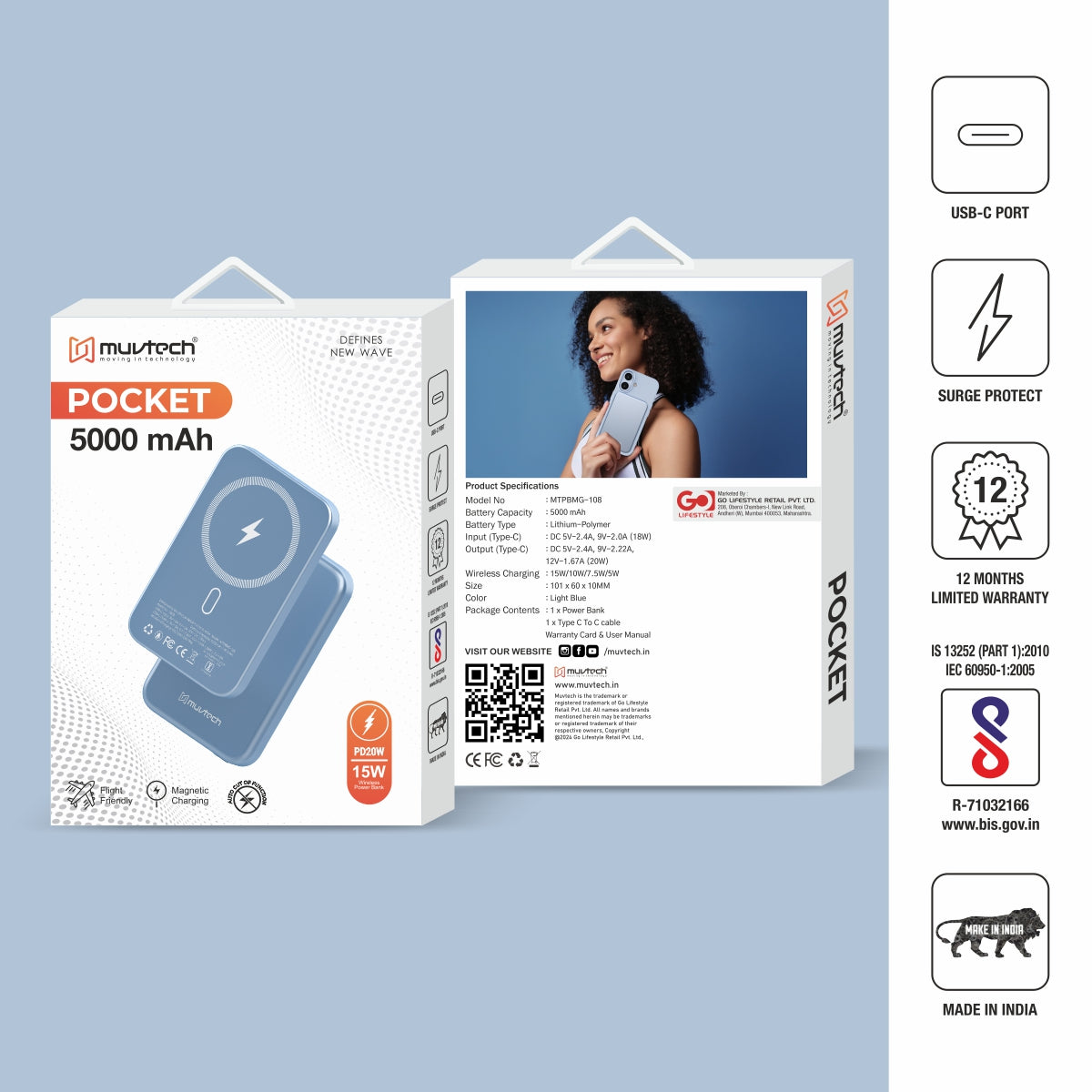 Pocket 5000mAh Power Bank | 15W Mag-Safe Wireless Charging | 20W Wired Fast Charging | Compatible with iPhone, Samsung, Android, and Wireless Devices