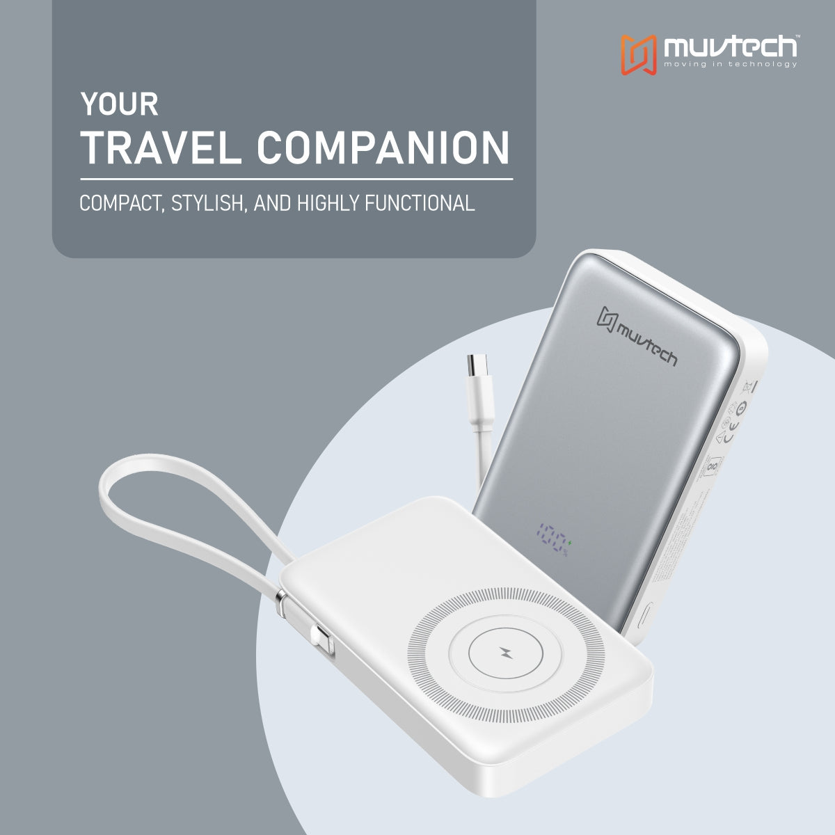Muvtech Slimsonic 10000mAh MagSafe Power Bank | Ultra-Slim Fast Charging Portable Charger with Wireless + Wired Output | USB/Type-C, LED Display, Dual Charging | Safe & Travel-Friendly for iPhone & Android