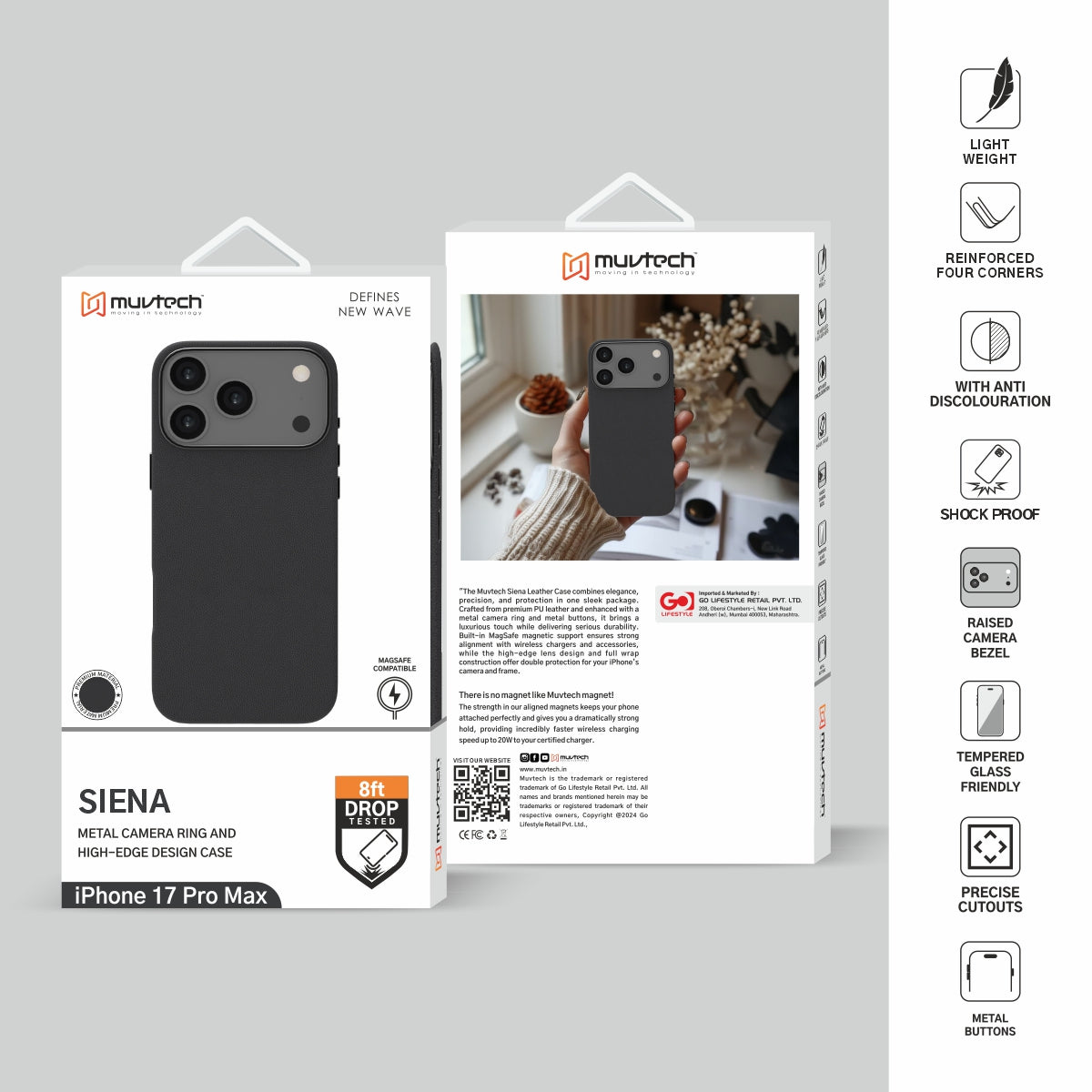 Muvtech Siena Case for iPhone 17 Pro/Pro Max, Premium Quality PU Leather Case With Metal Camera Ring and Buttons