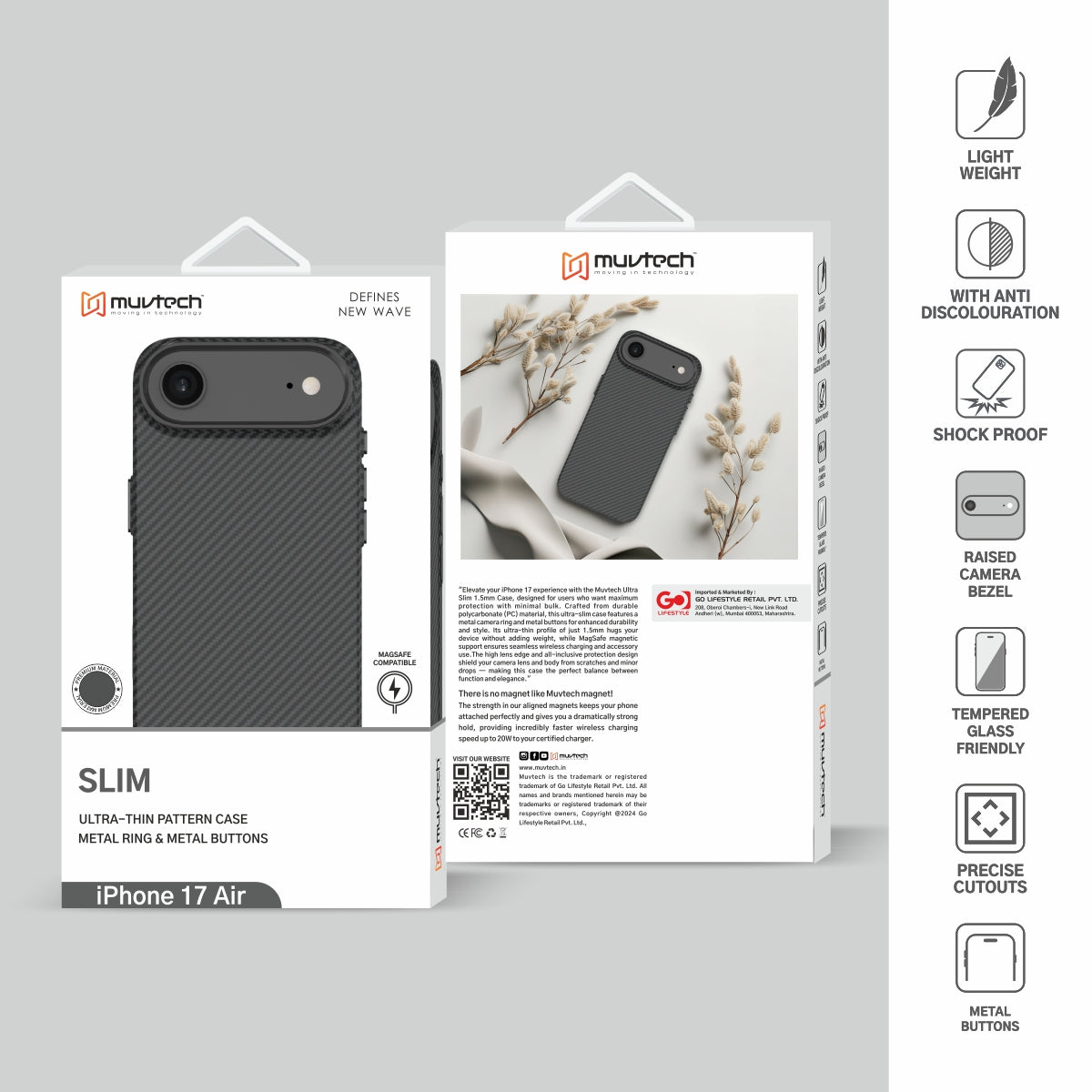 Muvtech Slim Case for iPhone 17 Series, 1.5mm PC Slim Case with Metal Camera Ring and Metal Buttons