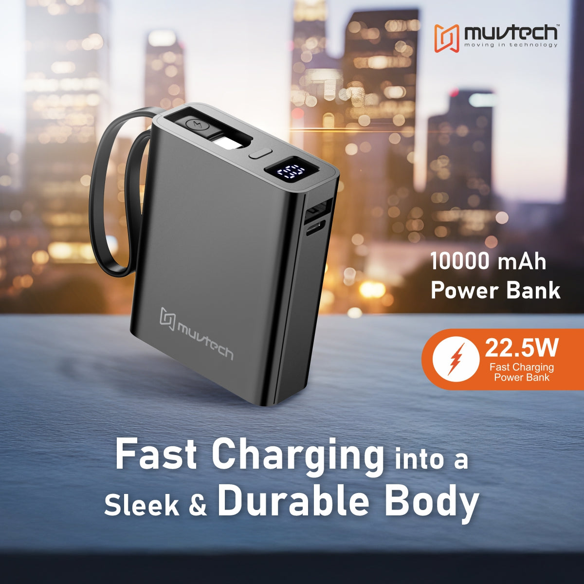 Mini Tank 10000mAh Power Bank with 22.5W Fast Charging, Dual Built-in Cables, USB-A & USB-C Ports, Digital Display, Compact Travel-Friendly Charger