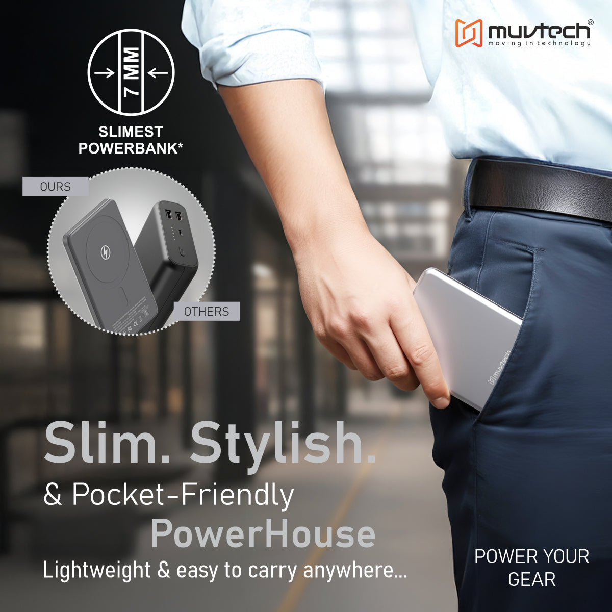 Muvtech AEROSLIM 5000mAh Ultra-Slim Magnetic Wireless Power Bank | 15W MagSafe Compatible | PD 35W USB-C Fast Charging | Flight Friendly | Pocket-Sized | Type-C In/Out (Grey)