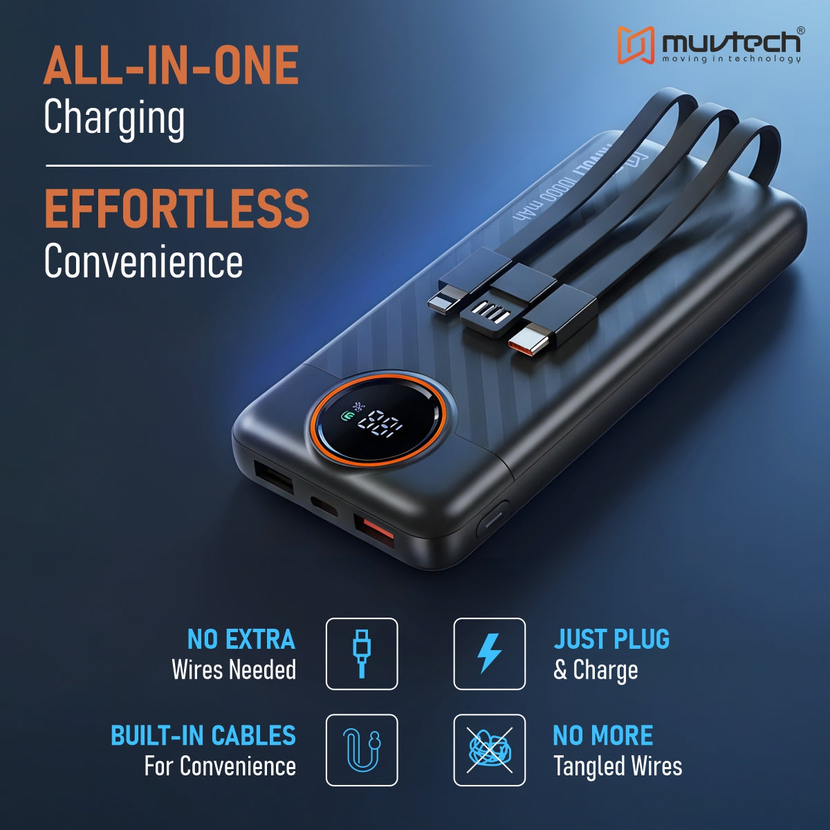 Muvtech TriVolt 10000mAh Power Bank With built-in Cables.