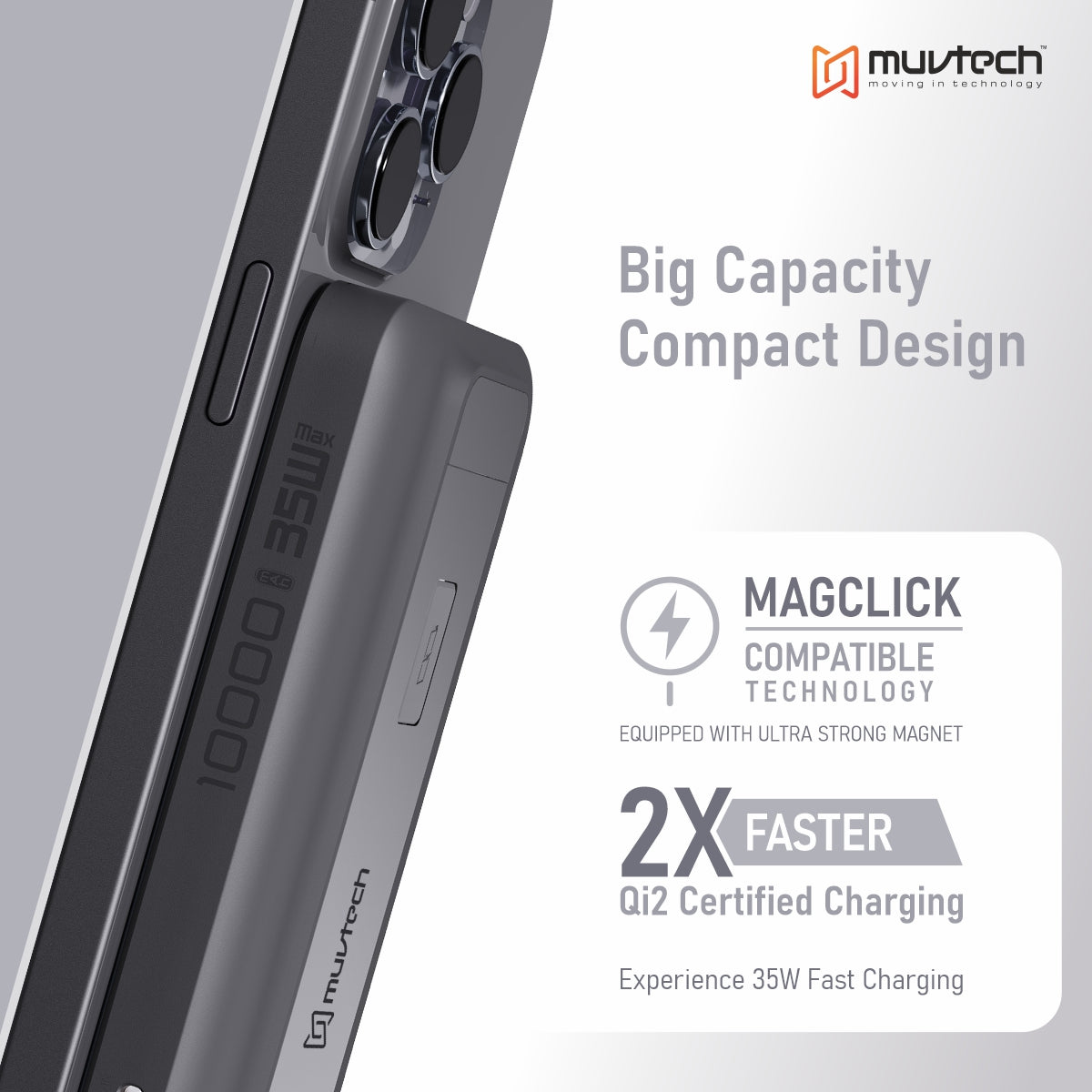 Qi2 TURBOBRIC 10000mAh Magnetic Wireless Power Bank | 35W PD Fast Charging | Type-C in/Out | Compatible with MagSafe | Kickstand | Watch Charging Output | Compact & Travel-Friendly (Black)