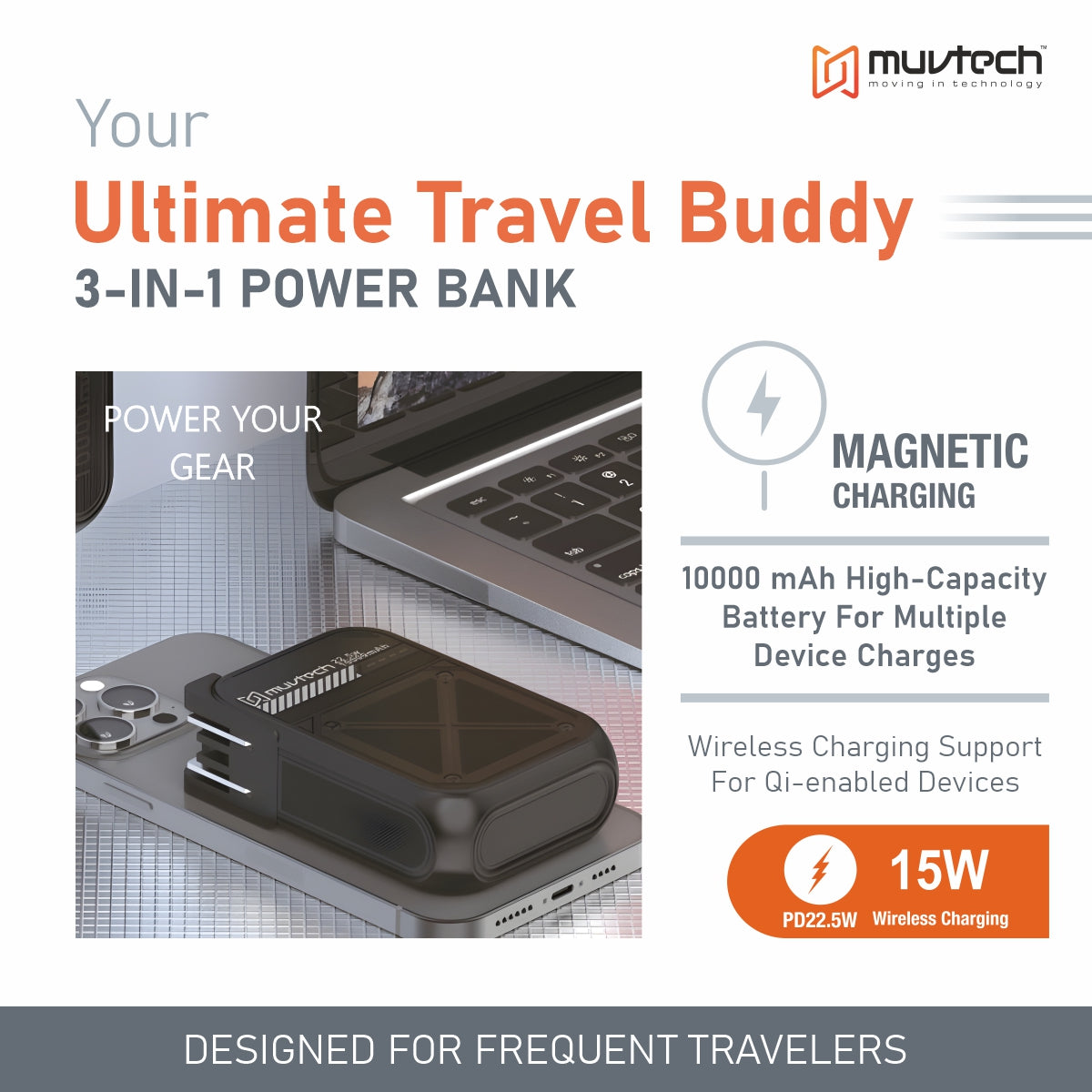 Travel Mate 10000mAh Power Bank with Built-in Wall Plug, 15W Wireless Charging, Dual USB Ports (USB-A + USB-C), Surge Protection, Fast Charging Portable Charger