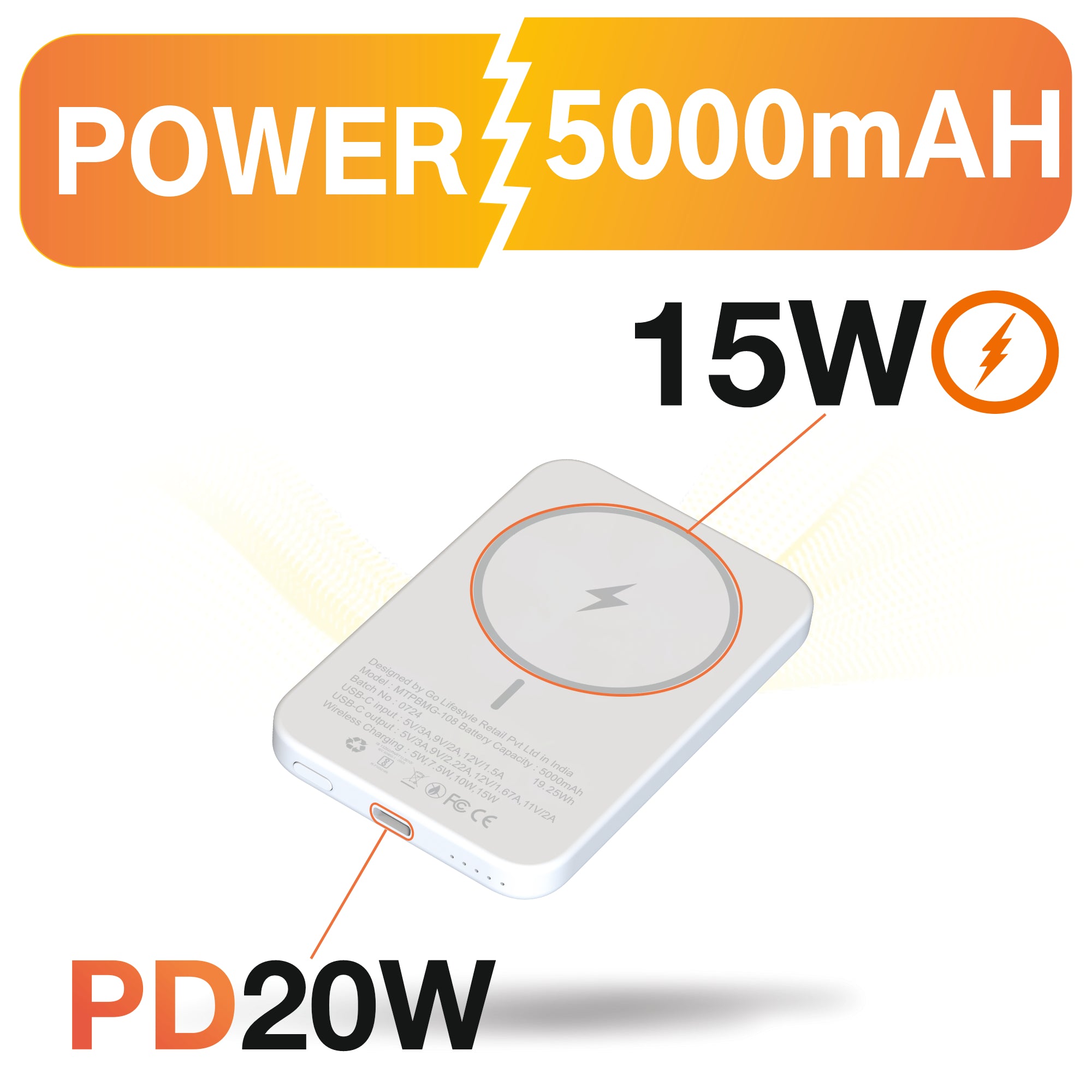 Pocket 5000mAh Power Bank | 15W Mag-Safe Wireless Charging | 20W Wired Fast Charging | Compatible with iPhone, Samsung, Android, and Wireless Devices