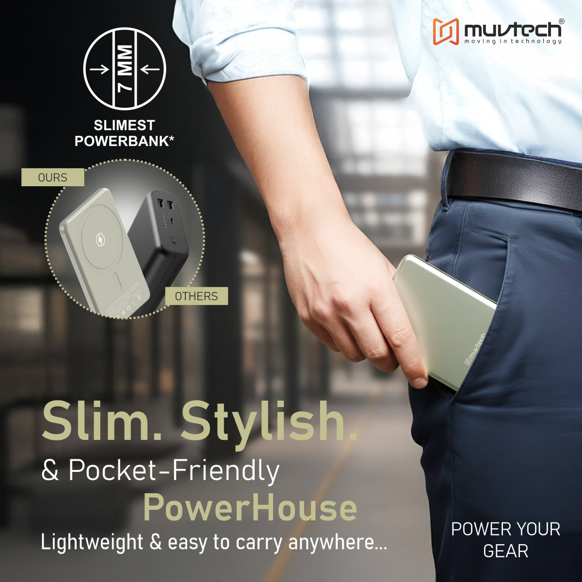 Muvtech AEROSLIM 5000mAh Ultra-Slim Magnetic Wireless Power Bank | 15W MagSafe Compatible | PD 35W USB-C Fast Charging | Flight Friendly | Pocket-Sized | Type-C In/Out (Titanium)