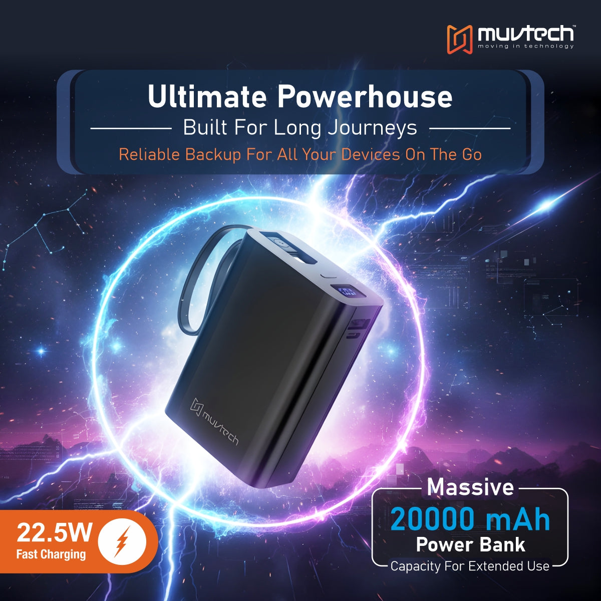 Nano Tank 20000mAh Power Bank with 22.5W Fast Charging, Dual Built-in Cables, Multiple USB Ports, Digital Display, Heavy-Duty High-Capacity Portable Charger