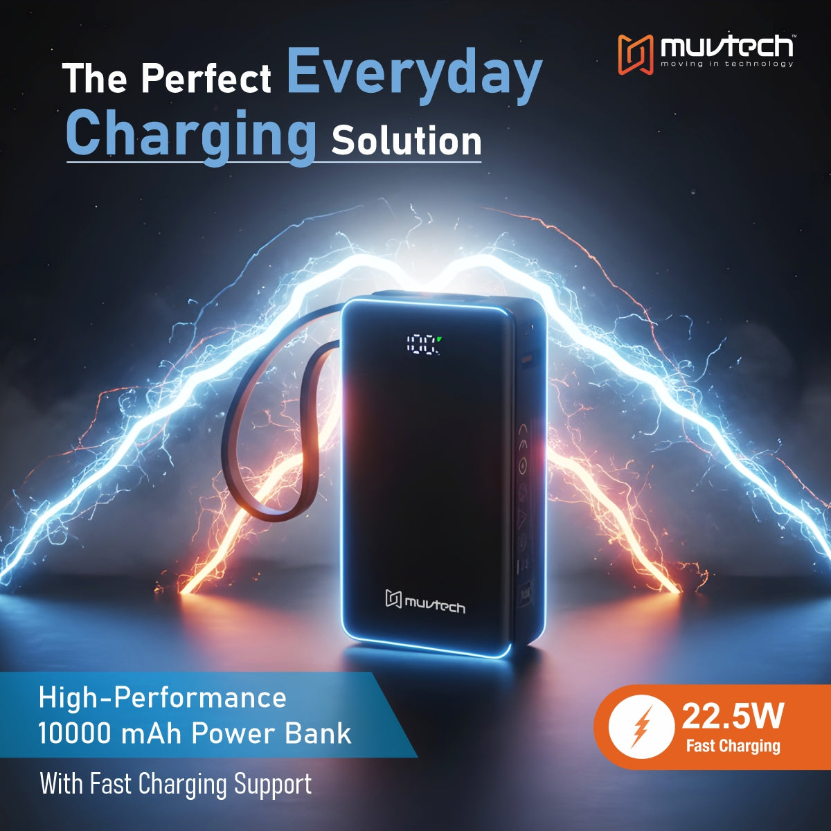 Mini Mate 10000mAh Power Bank with 22.5W Fast Charging, Dual In-Built Cables, USB-A & USB-C Output, Digital Display, Slim & Lightweight Portable Charger- Black