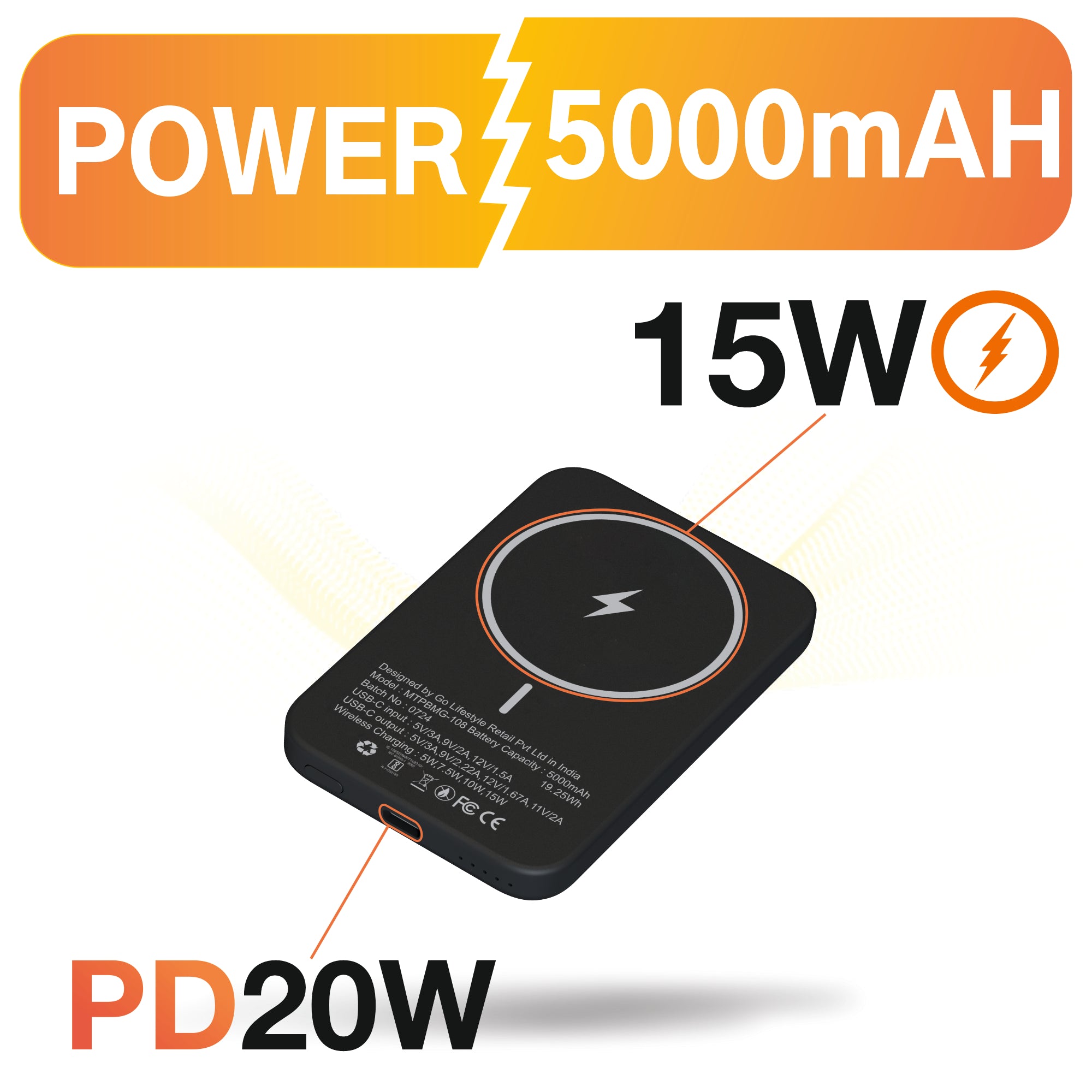 Pocket 5000mAh Power Bank | 15W Mag-Safe Wireless Charging | 20W Wired Fast Charging | Compatible with iPhone, Samsung, Android, and Wireless Devices