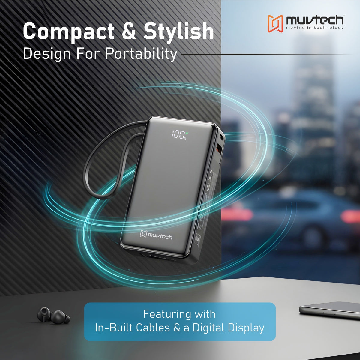 Mini Mate 10000mAh Power Bank with 22.5W Fast Charging, Dual In-Built Cables, USB-A & USB-C Output, Digital Display, Slim & Lightweight Portable Charger- Black