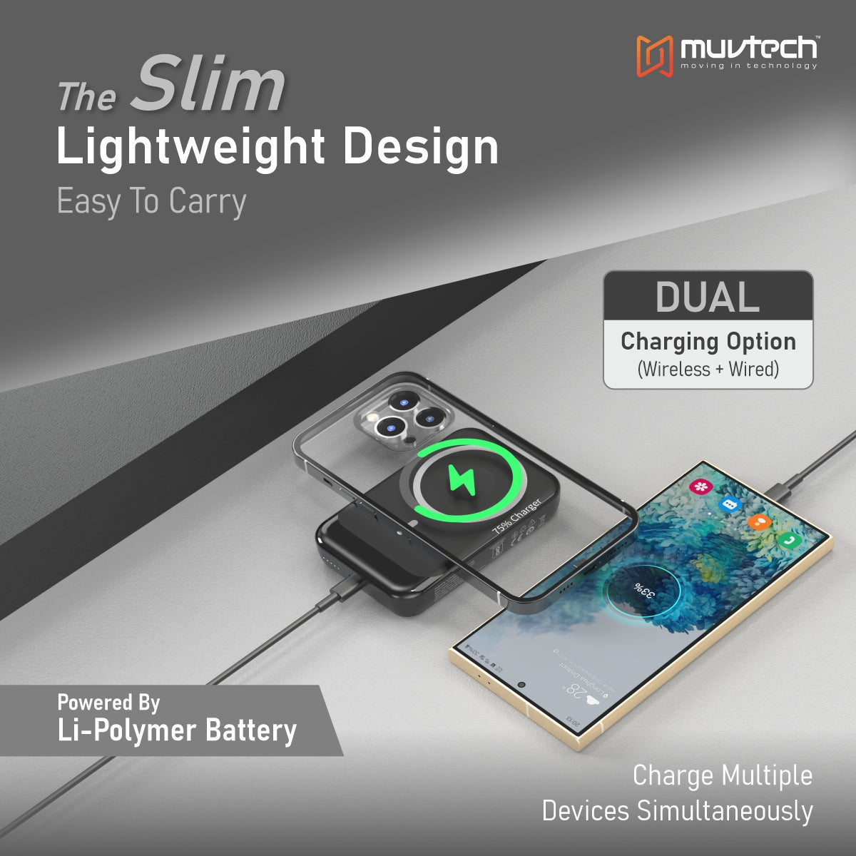 Muvtech Power Mate 10000mAh MagSafe Power Bank | Magnetic Wireless Portable Charger for iPhone & Qi Devices | Dual Charging (Wireless + Wired) | Slim & Lightweight with Smart Protection