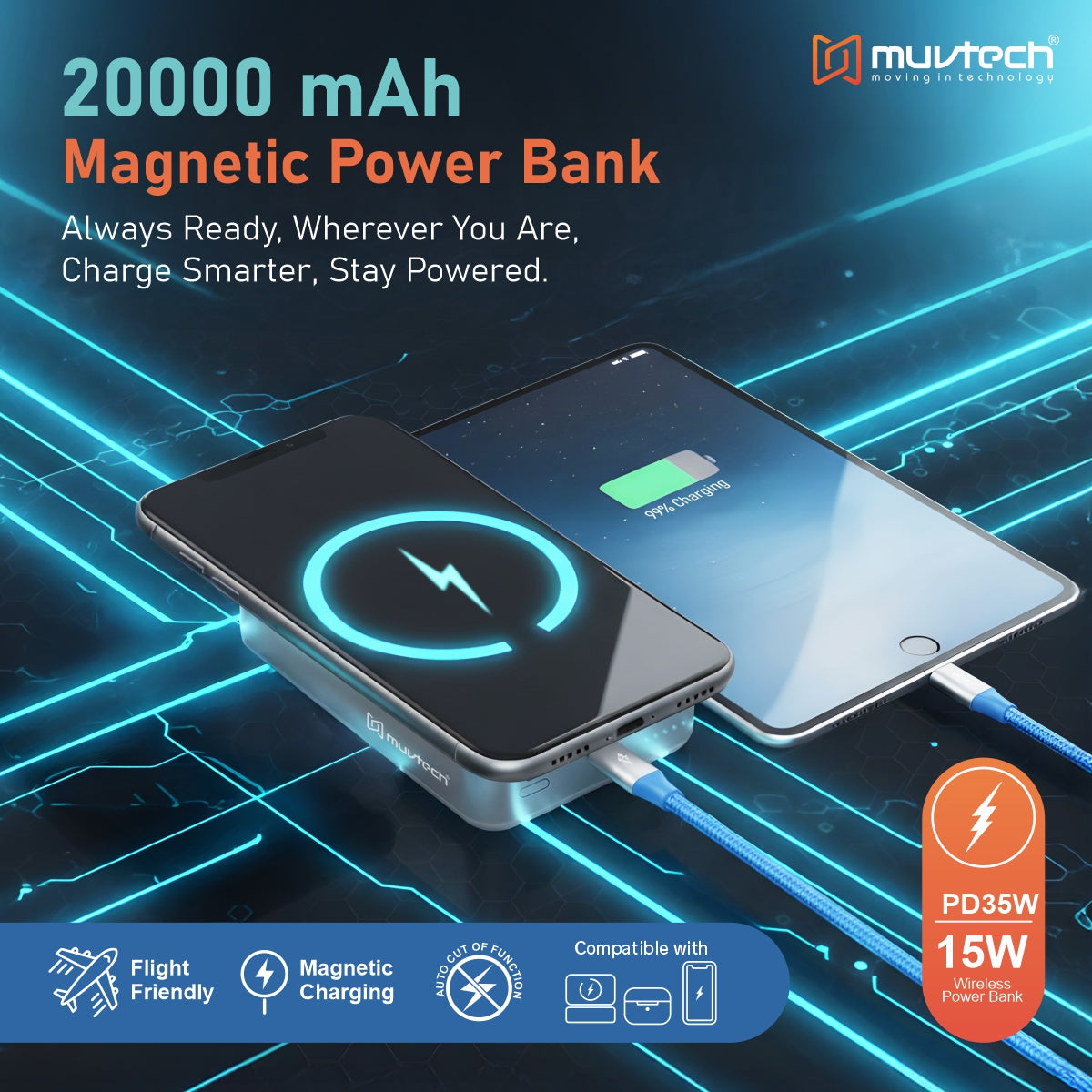 TANK 20000mAh Magnetic Power Bank with 15W Mag-Safe Wireless Charging & 35W Fast USB-C Charging for iPhone, iPad, and Laptops