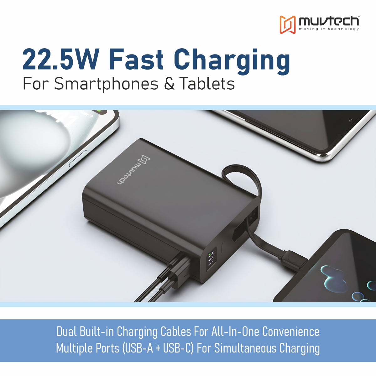 Nano Tank 20000mAh Power Bank with 22.5W Fast Charging, Dual Built-in Cables, Multiple USB Ports, Digital Display, Heavy-Duty High-Capacity Portable Charger