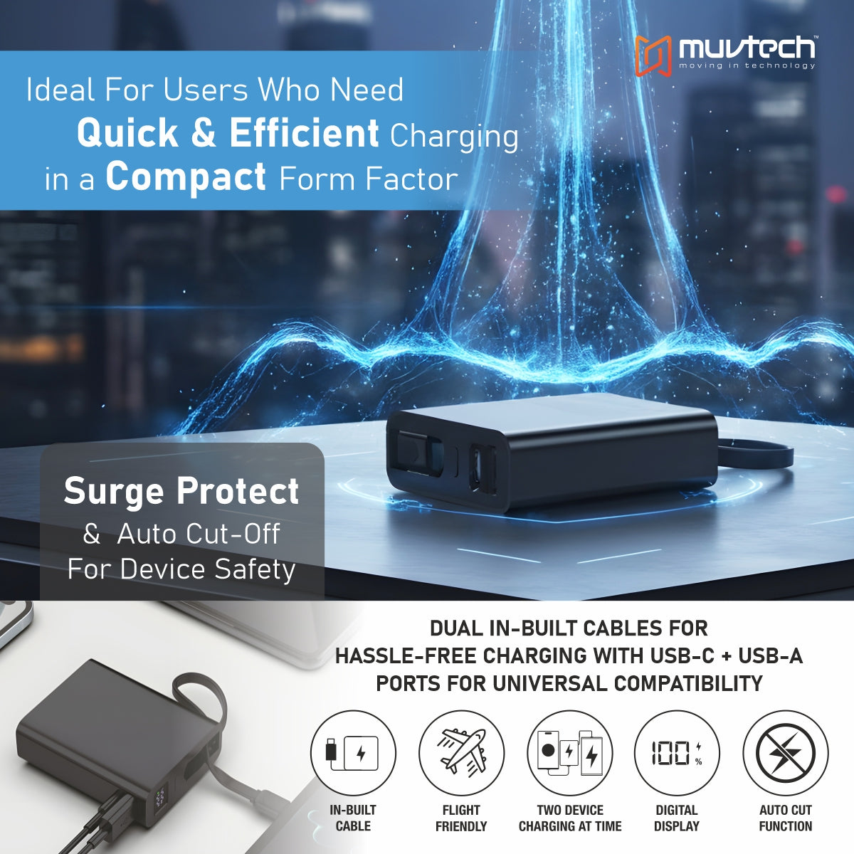 Mini Tank 10000mAh Power Bank with 22.5W Fast Charging, Dual Built-in Cables, USB-A & USB-C Ports, Digital Display, Compact Travel-Friendly Charger