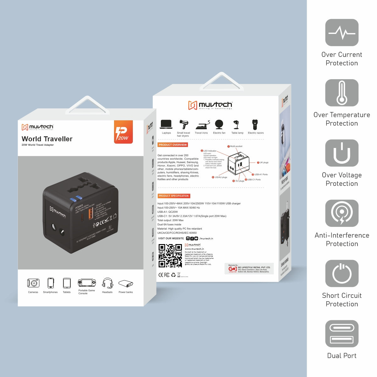 World Travel Adapter, Universal World Charger with Fast Charging & Multiple Plug Options.