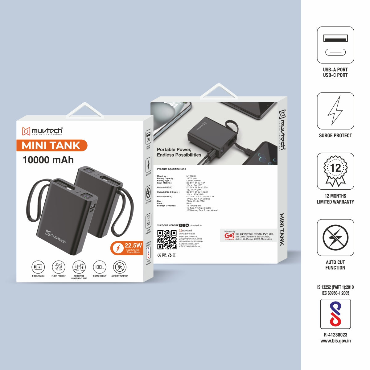 Mini Tank 10000mAh Power Bank with 22.5W Fast Charging, Dual Built-in Cables, USB-A & USB-C Ports, Digital Display, Compact Travel-Friendly Charger