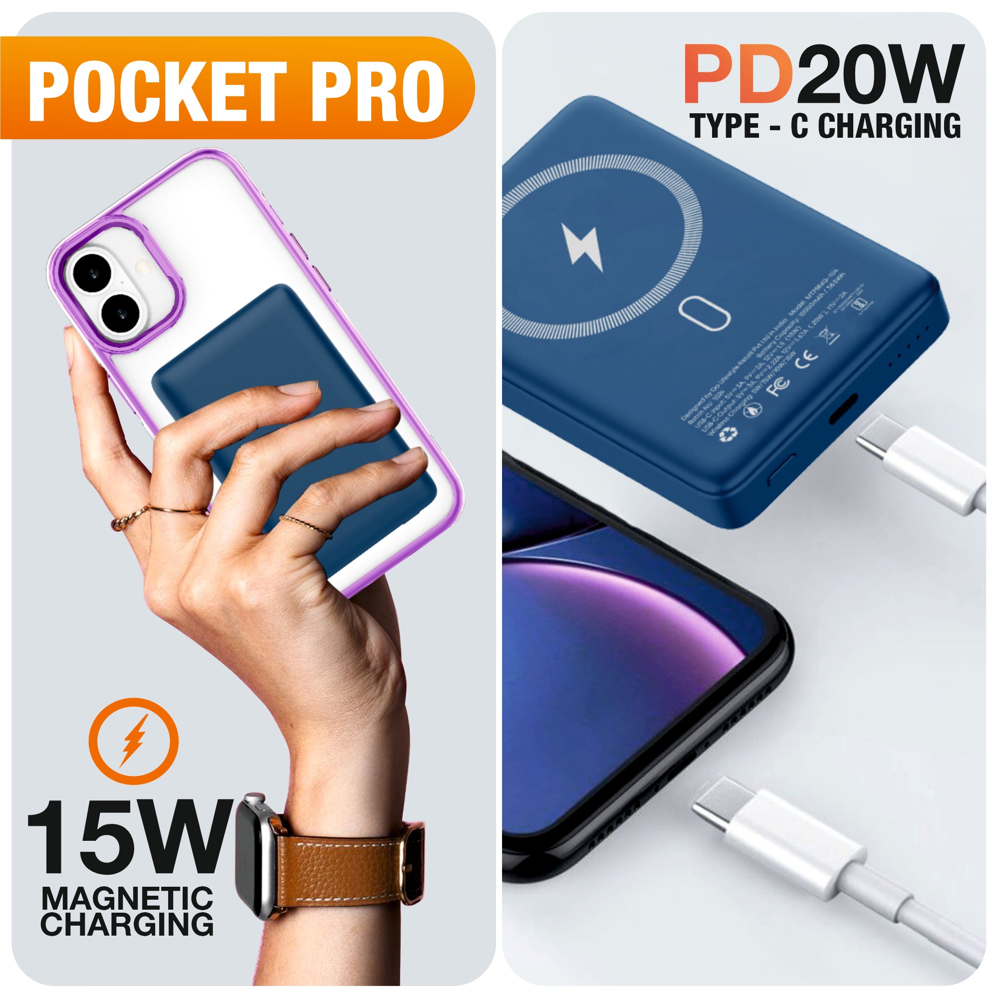 Pocket 5000mAh Power Bank | 15W Mag-Safe Wireless Charging | 20W Wired Fast Charging | Compatible with iPhone, Samsung, Android, and Wireless Devices