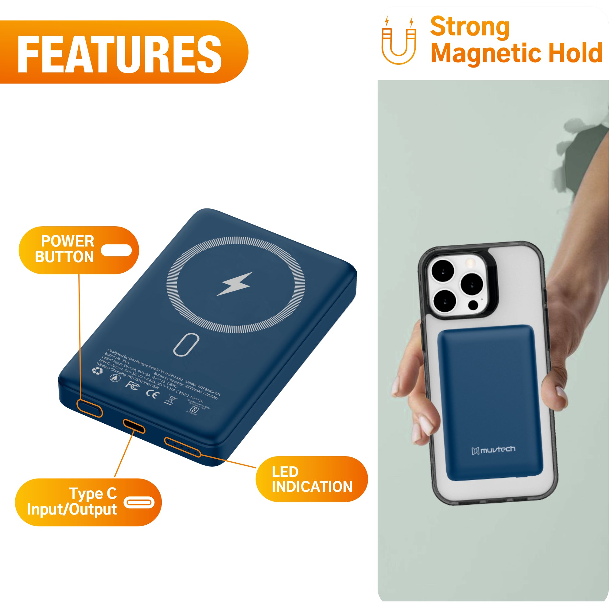 Pocket 5000mAh Power Bank | 15W Mag-Safe Wireless Charging | 20W Wired Fast Charging | Compatible with iPhone, Samsung, Android, and Wireless Devices
